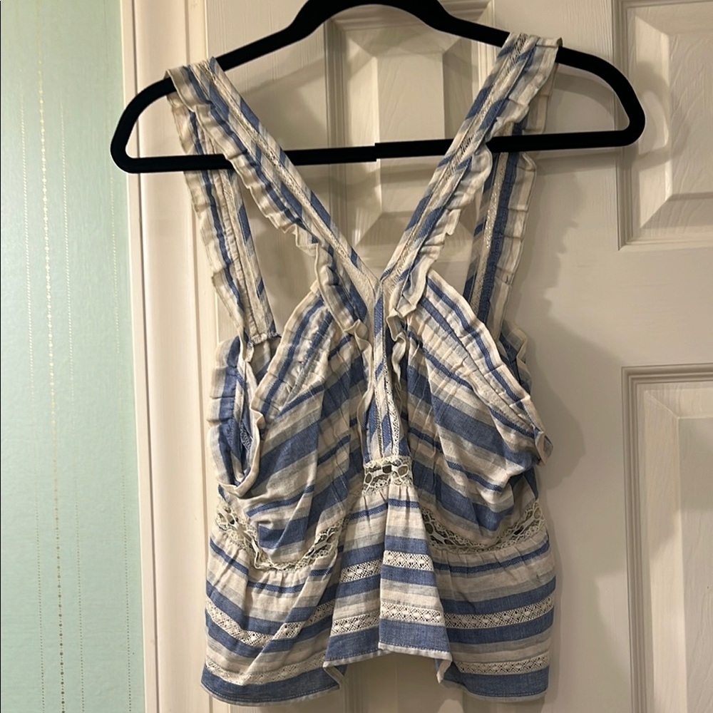 Tularosa Blue and White Ruffled Tank Top